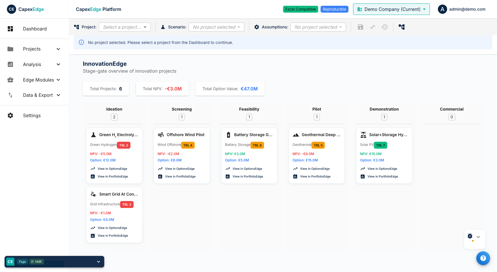 InnovationEdge stage-gate pipeline showing projects from ideation through commercial deployment with TRL badges